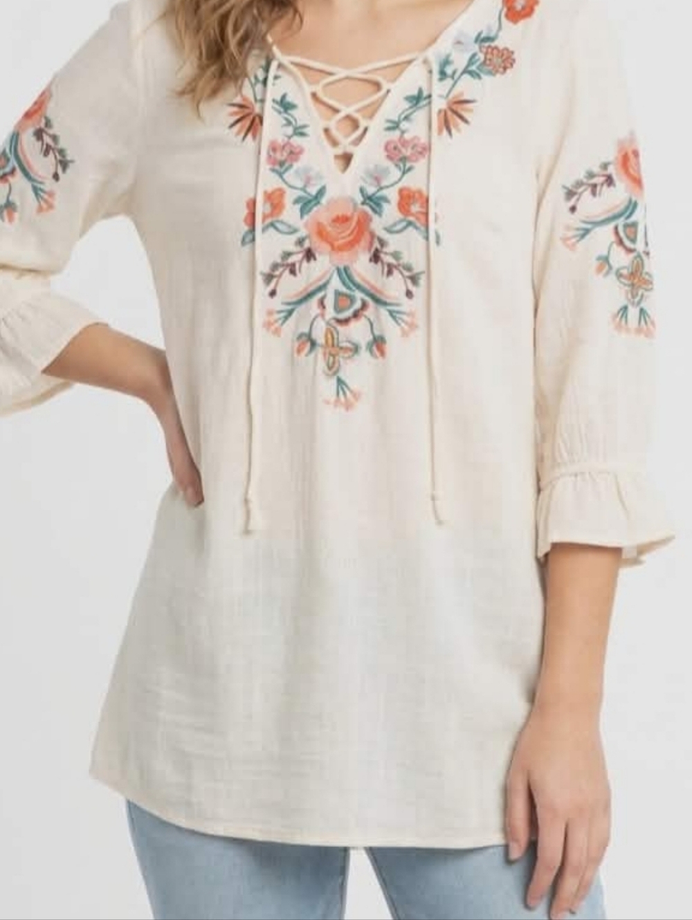 Umgee USA Embroidered Boho Tunic Top Small Cream Floral Peasant Lace-Up